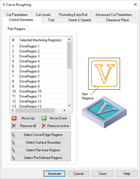 Dialog Box: Control Geometry tab, V-Carve Roughing, 2 Axis
