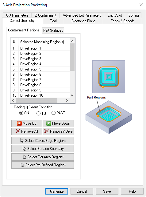 Dialog Box: Control Geometry tab, Projection Pocketing, 3 Axis