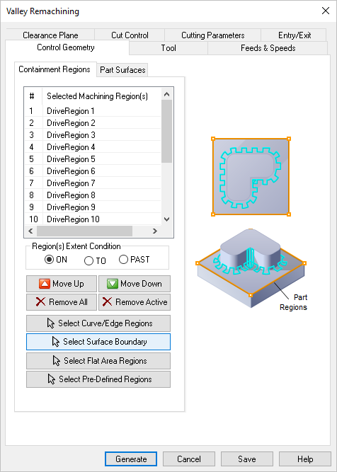 Dialog Box: Control Geometry tab, Valley Re-Machining, 3 Axis