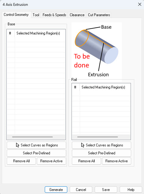 Dialog Box: Control Geometry tab, Extrusion, 4 Axis