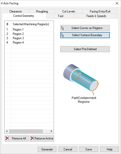 Dialog Box: Control Geometry tab, Facing, 4 Axis