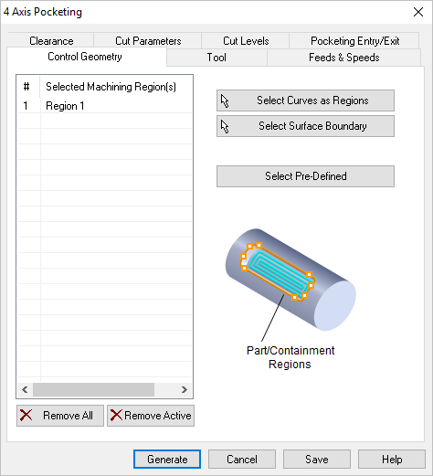 Dialog Box: Control Geometry tab, Pocketing, 4 Axis
