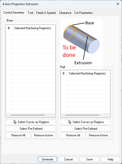 Dialog Box: Control Geometry tab, Projected Extrusion, 4 Axis
