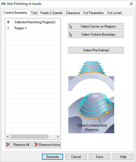 Dialog Box: Control Geometry tab, R-Level Finishing, 4 Axis