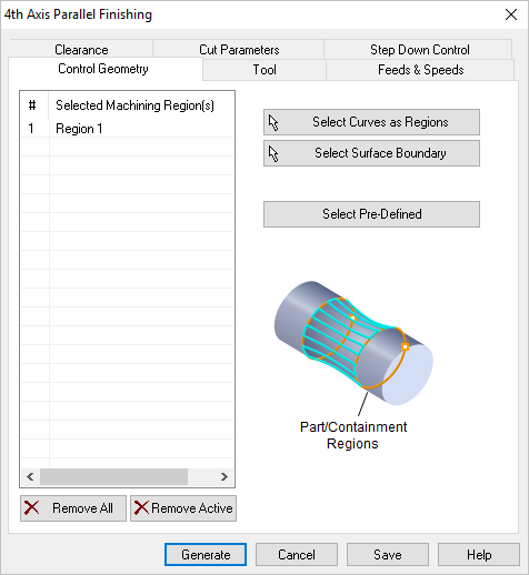 Dialog Box: Control Geometry tab, Parallel Finishing, 4 Axis