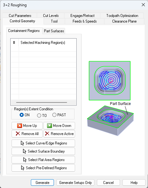 Dialog Box: Control Geometry tab, 3+2 Roughing, 3 Axis