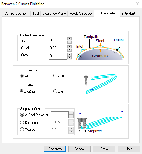 Dialog Box: Between 2 Curves Machining, 3 Axis