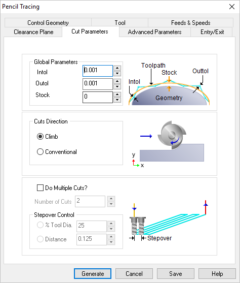 Dialog Box: Cut Parameters tab, Pencil Tracing, 3 Axis
