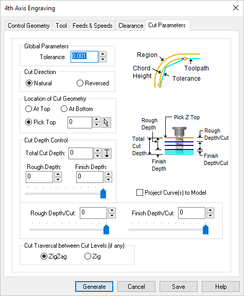 Dialog Box: Cut Parameters tab, 4 Axis Engraving Operations