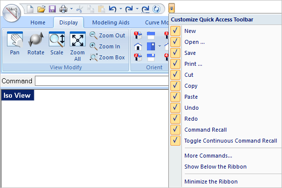 Displaying the Quick Access Toolbar Manu
