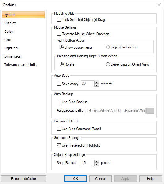 Dialog Box: Options > System