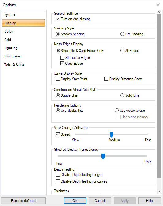 Dialog Box: Options > Display