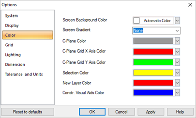 Dialog Box: Options > Color