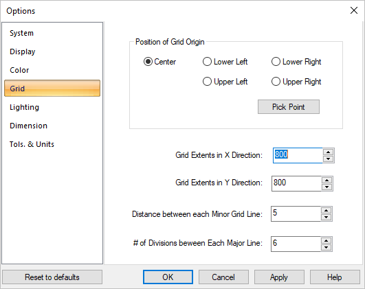 Dialog Box: Options > Grid