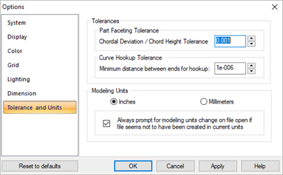 Dialog Box: Options > Tolerance and Units