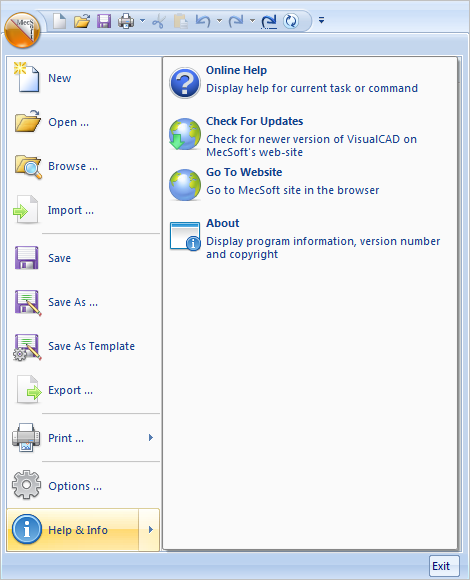 VisualCAD® Menu > Help & Info