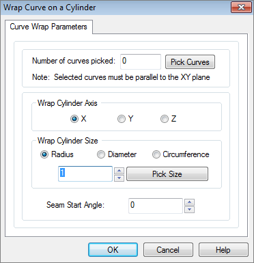 Dialog Box: Wrap Curve on a Cylinder