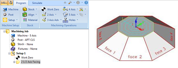 Generate a 21/2 Axis Facing toolpath by selecting the Flat Area or curve region from the top face of the part