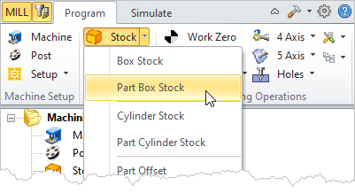 Machining Browser: Part Box Stock menu item