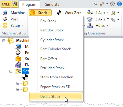 Machining Browser: Delete Stock menu item