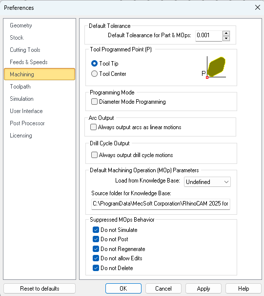 Dialog Box: Set Machining Preferences