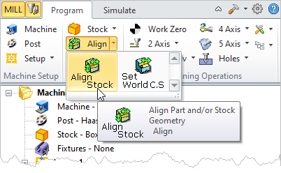 Machining Browser: Align Stock menu item
