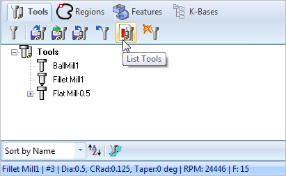 From the Tools tab of the Machining Objects Browser, select the List Tools button - Premium Configuration shown