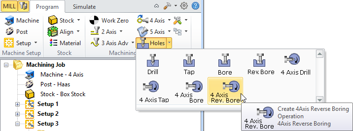 4 Axis Hole Making, Reverse Bore Menu Item