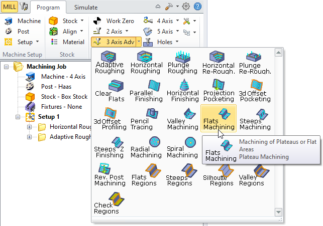 Flats (Plateau) Machining, 3 Axis Menu Item