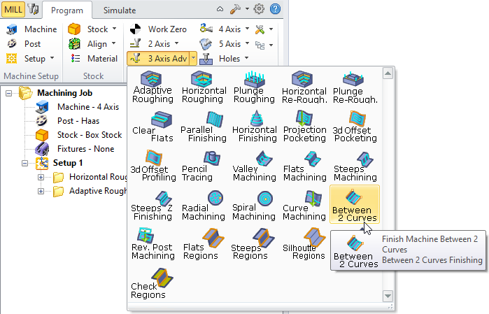 Between 2 Curves Machining, 3 Axis Menu Item