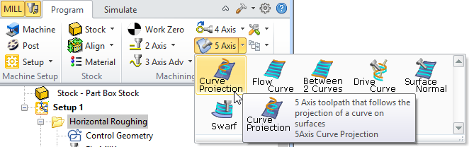 Curve Projection Machining, 5 Axis Menu Item - Premium Configuration Shown