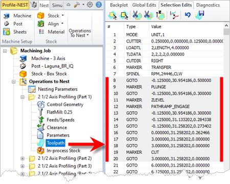 Toolpath Editor, Selection Edits Example