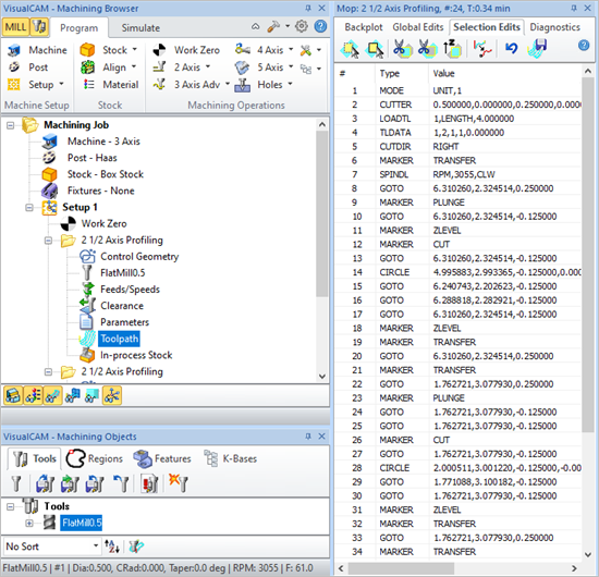 Toolpath Editor, Selection Edits Example