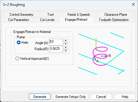 Dialog Box: Engage/Retract tab, 3+2 Roughing, 3 Axis