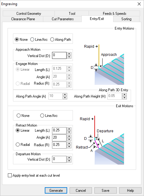Dialog Box: Entry/Exit tab, 2½ Axis Engraving Operations