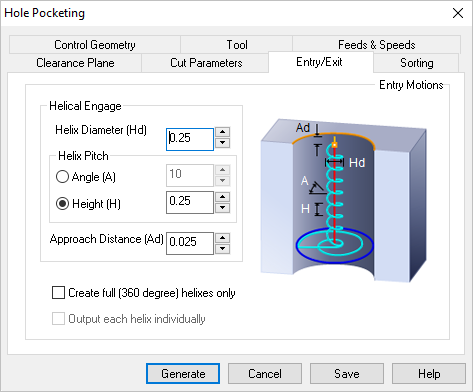 Dialog Box: Entry/Exit tab, 2½ Axis Hole Pocketing Operations