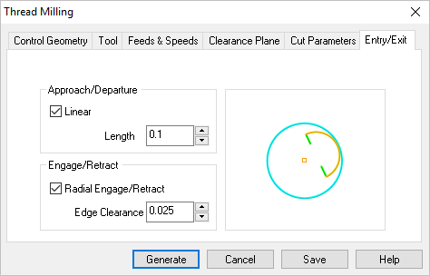 Dialog Box: Entry/Exit tab, 2½ Axis Thread Milling Operations