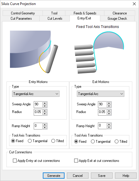 Dialog Box: Entry/Exit tab, 5 Axis Milling Operations