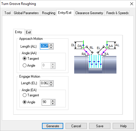 Dialog Box: Entry/Exit tab, Groove Roughing