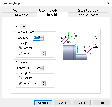 Dialog Box: Entry/Exit tab, Turn Roughing operations