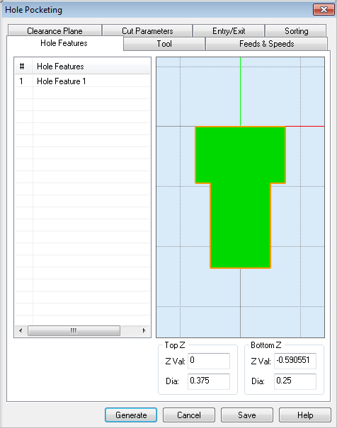 Dialog Box: 2½ Axis Hole Pocketing, Hole Features tab (Derived from a Hole Feature)