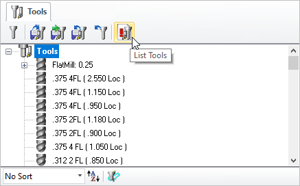 From the Tools tab of the Machining Objects Browser, select the List Tools button
