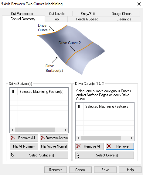 Dialog Box: Machining Features tab, 5 Axis Between 2 Curves Operations