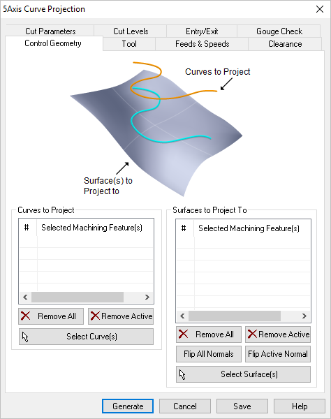 Dialog Box: Machining Features tab, 5 Axis Curve Projection Operations