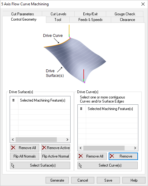 Dialog Box: Machining Features tab, 5 Axis Flow Curve Operations