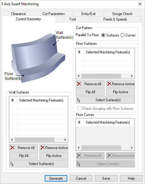 Dialog Box: Machining Features tab, 5 Axis Swarf Operations