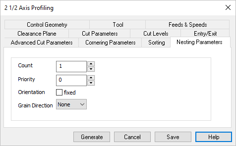 Cut Parameters tab, Profiling Operations