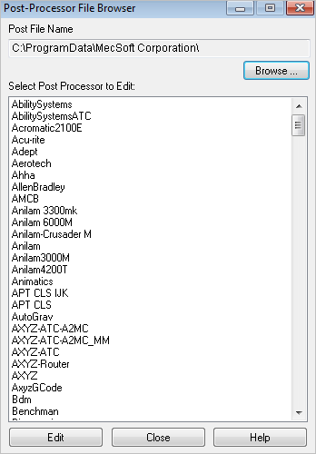 Dialog Box: Post Processor File Browser