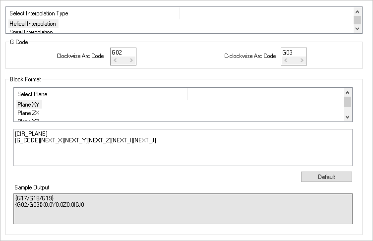 The Helical/Spiral section of the Post-Processor Generator (PPG) dialog for our haas-blog.spm post definition file.