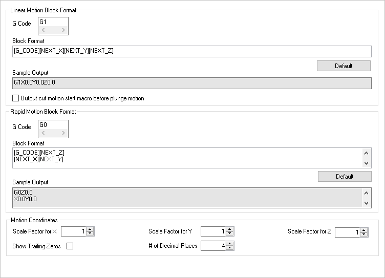 The Motion section of the Post-Processor Generator (PPG) dialog for our haas-blog.spm post definition file.